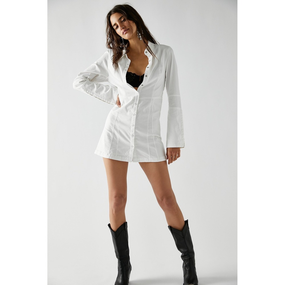 Free People Ivory Mini Dress Button Front Long Sleeve Size S